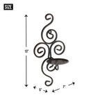 Size dimensions of scrollwork candle sconces: 13" height, 5" width, 7" depth for wall decor.