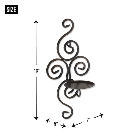 Size dimensions of scrollwork candle sconces: 13" height, 5" width, 7" depth for wall decor.