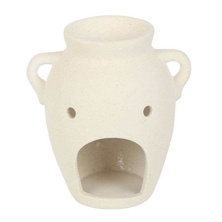 Speckled cream ceramic vase-shaped vessel with two loop handles, two round front holes and a large arched front opening.