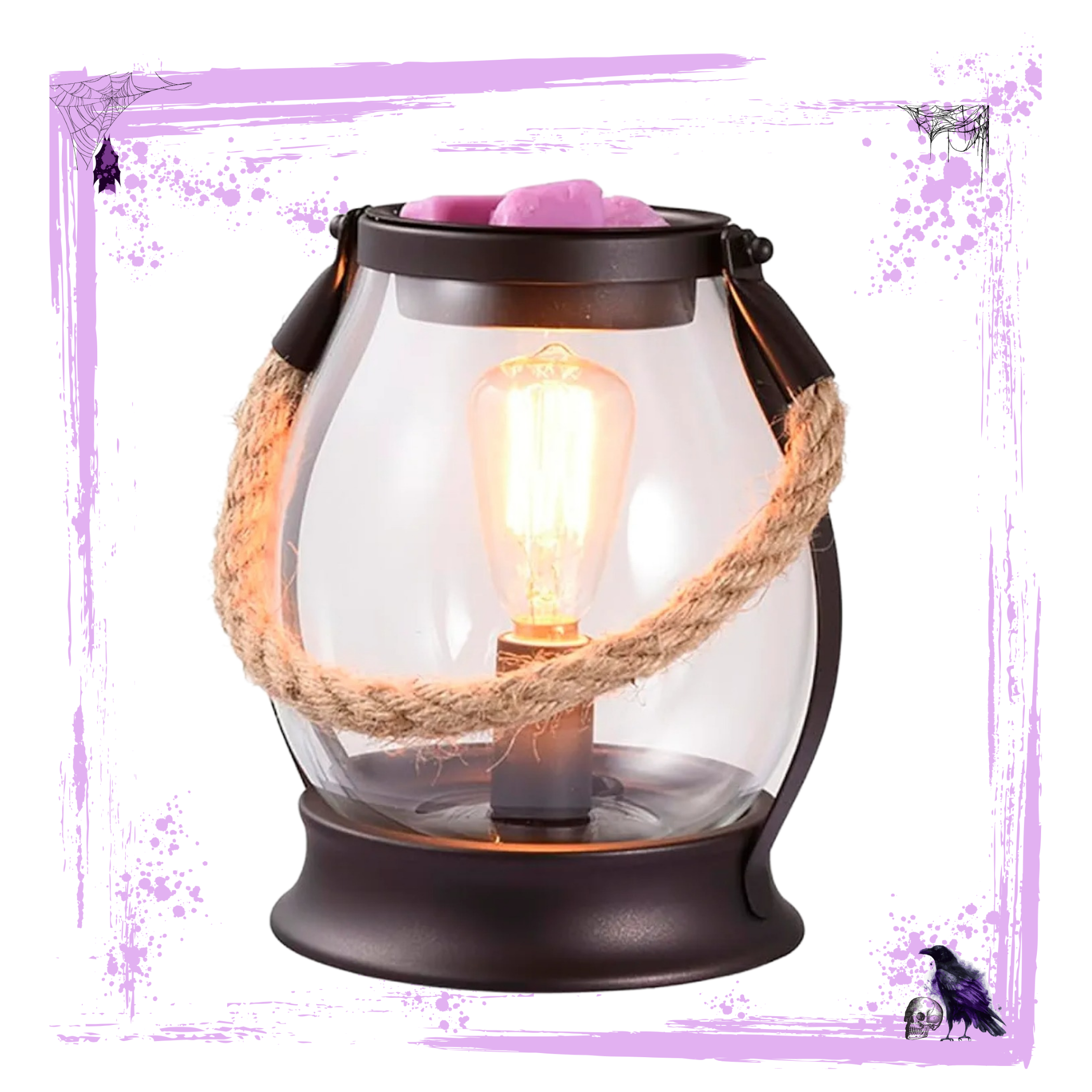 Up & Away Lantern Wax Warmer with glowing bulb and rustic design, featuring scoopable Burnt Hellos wax.