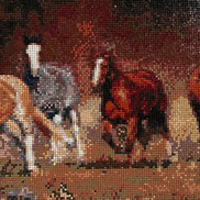 Rectangular diamond painting of a row of running horses in warm browns, chestnut, white and gray, with visible square drill mosaic pixels.