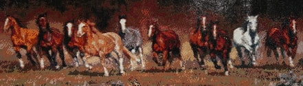 Rectangular diamond painting of a row of running horses in warm browns, chestnut, white and gray, with visible square drill mosaic pixels.