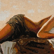 Close view of Resting Grace panoramic figurative diamond artwork with hand-placed resin diamonds and warm neutral shadows.
