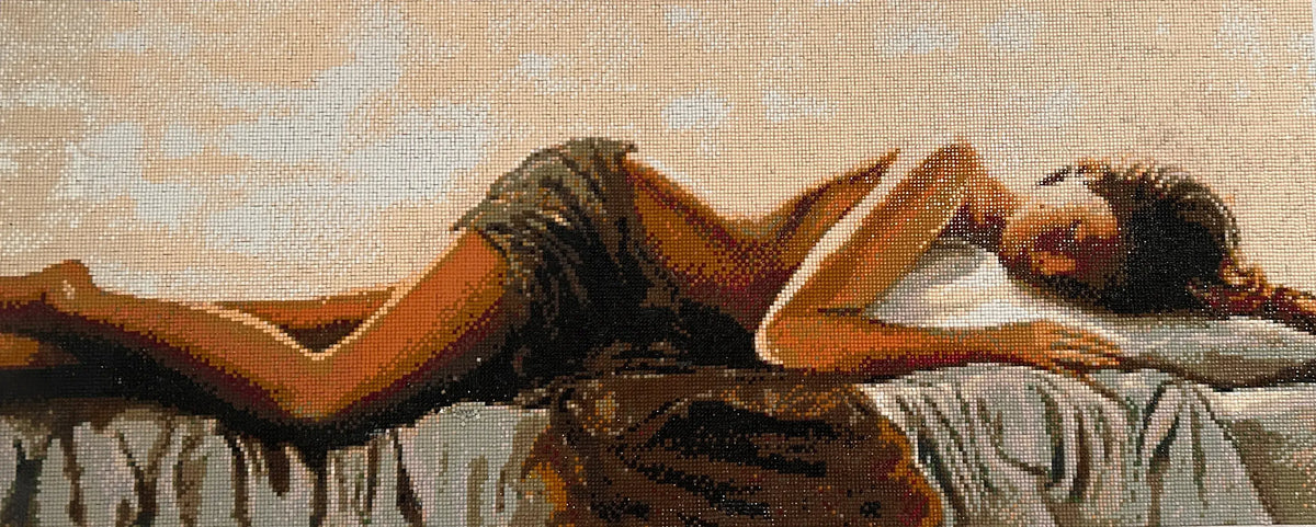Close view of Resting Grace panoramic figurative diamond artwork with hand-placed resin diamonds and warm neutral shadows.
