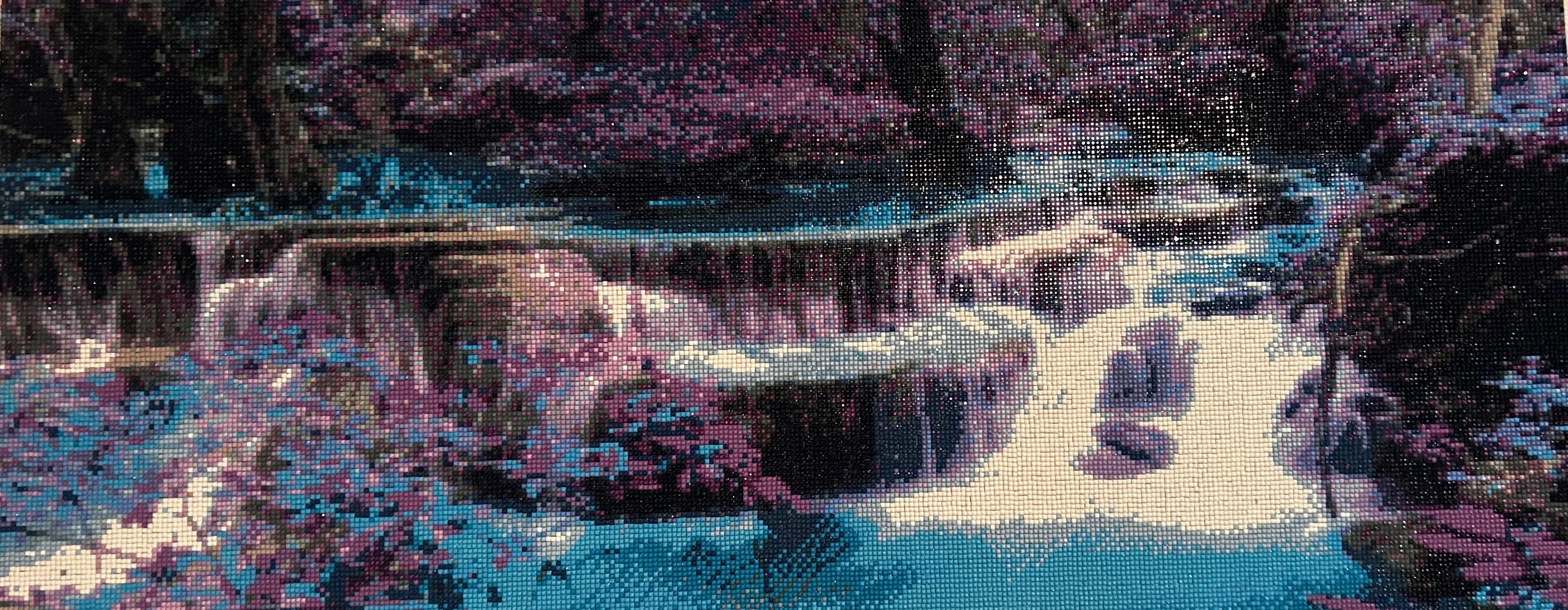 Enchanted Cascade Diamond Painting of a dreamlike waterfall surrounded by rich purples and blues.