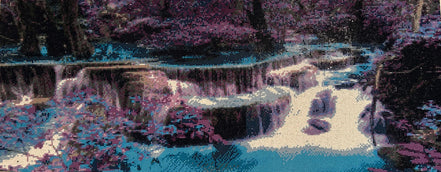 Enchanted Cascade Diamond Painting of a dreamlike waterfall surrounded by rich purples and blues.