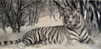 Winter Sentinel Diamond Painting of a tiger in a serene winter forest, showcasing detailed grayscale artistry.