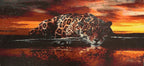 Sunset Watcher Diamond Painting of a leopard by the water at sunset with vibrant colors and lifelike detail.