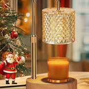 Lamp warmer for candles with stylish design, warming a jar candle on a wooden base near holiday decorations.