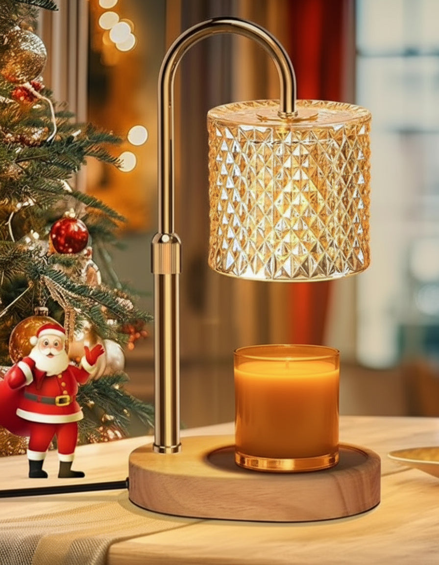 Lamp warmer for candles with stylish design, warming a jar candle on a wooden base near holiday decorations.