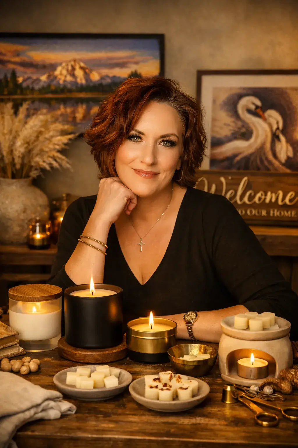 Woman sitting at a table with candles and decorative items in a warm, homey setting.