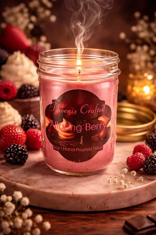 Alluring Berry candle by Phoenix Crafted surrounded by fresh berries and sweet treats, creating a cozy ambiance.