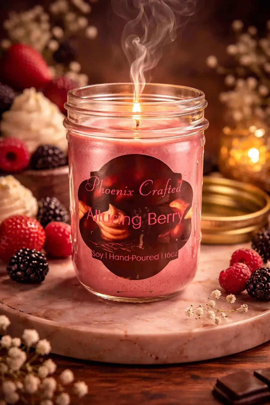 Alluring Berry Candle in a mason jar with a glowing flame, surrounded by fresh berries and floral accents.