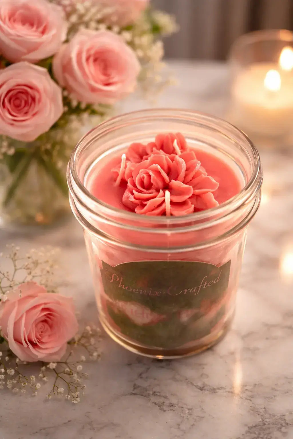 Alluring Berry Candle in a clear jar with floral decorations, surrounded by pink roses and candlelight.
