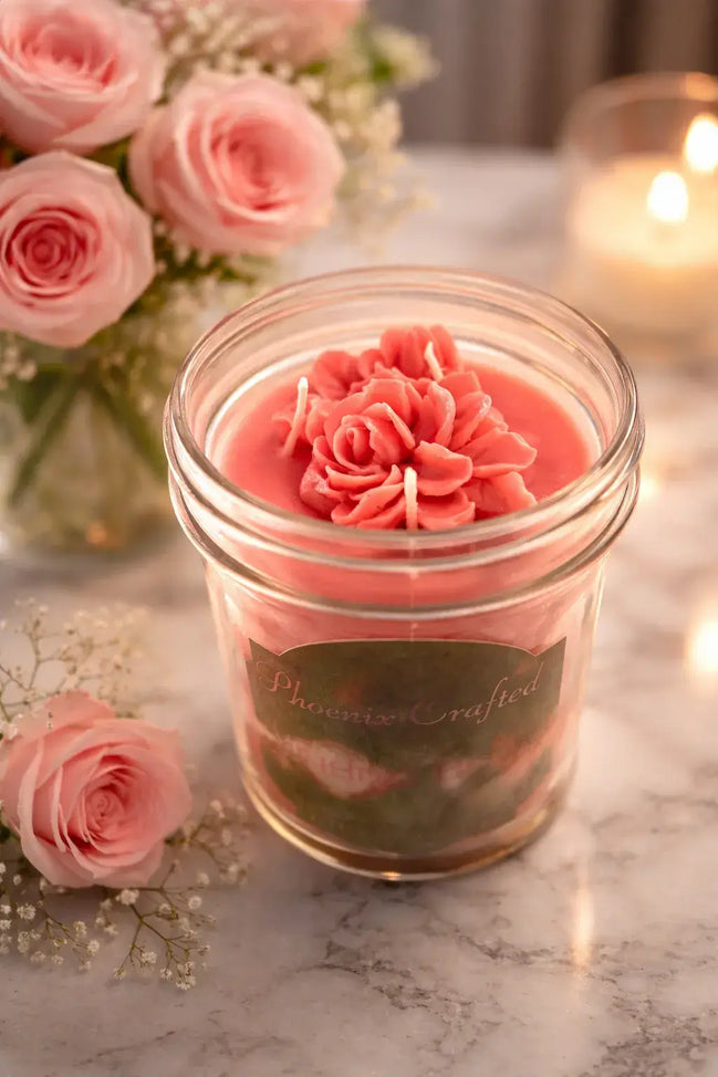 Alluring Berry Candle in a clear jar with floral decorations, surrounded by pink roses and candlelight.