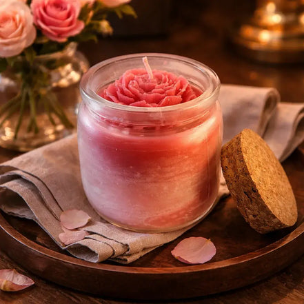 Alluring Berry Candle in a glass jar with a rose-shaped top, surrounded by rose petals and a cork lid.