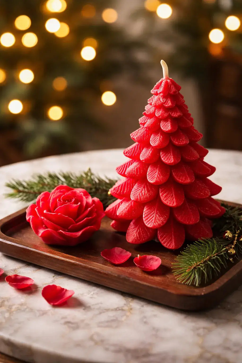 Decorative Alluring Berry Candles featuring a red layered Christmas tree candle and a rose candle on a wooden tray.
