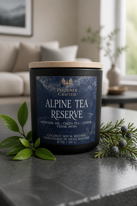 Alpine Tea Reserve candle in a dark glass jar with a wood lid, styled with evergreen sprigs in a light room.