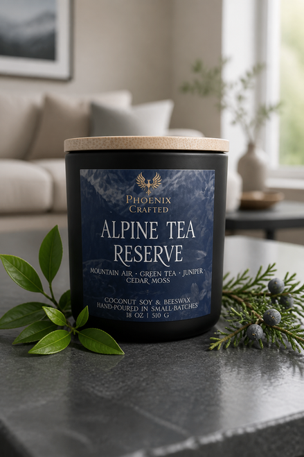 Alpine Tea Reserve candle in a dark glass jar with a wood lid, styled with evergreen sprigs in a light room.