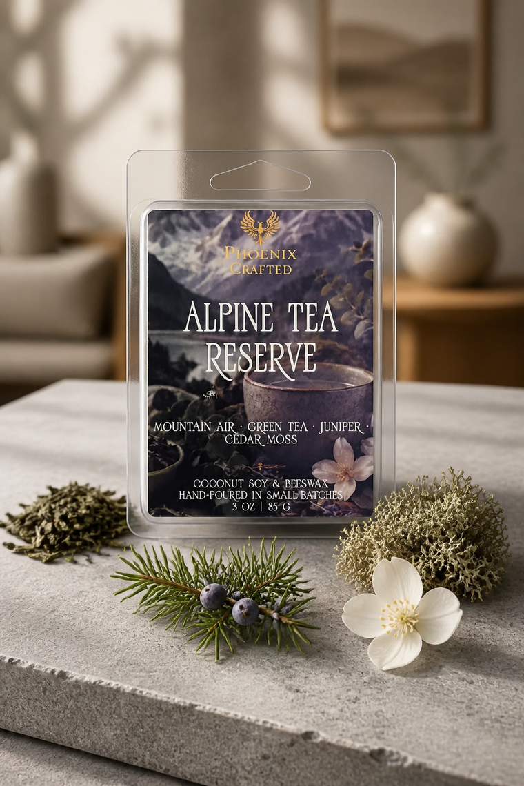 Alpine Tea Reserve wax melts in a clear clamshell package with evergreen sprigs and white flowers.