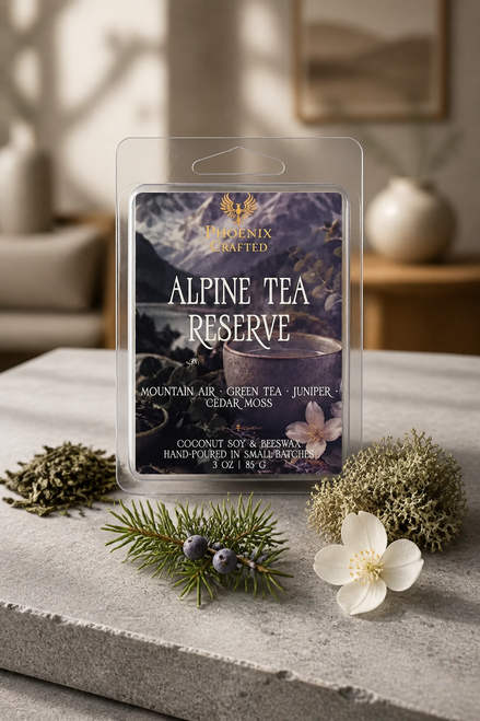 Alpine Tea Reserve wax melts in a clear clamshell package with evergreen sprigs and white flowers.