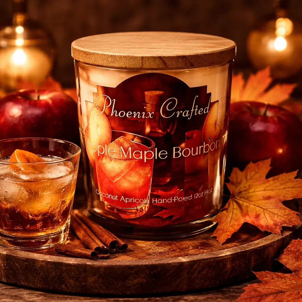 Apple Maple Bourbon Candle displayed with an autumn-themed scene, featuring apples and cinnamon sticks.
