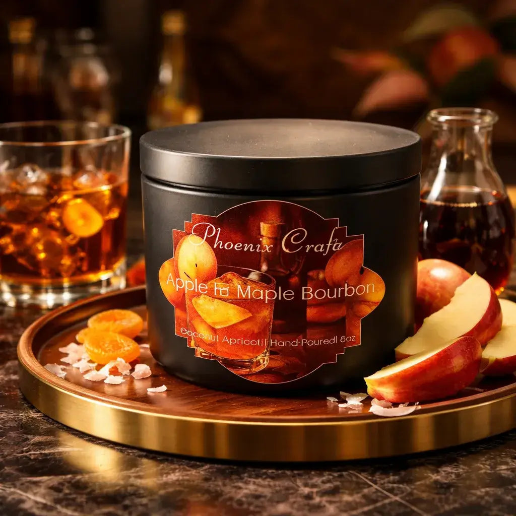 Apple Maple Bourbon Candle in a stylish black jar on a wooden tray with apples and bourbon in the background.