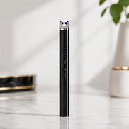 Black arc lighter with four blue indicator lights and a purple electric arc at the tip, standing on a marble surface.