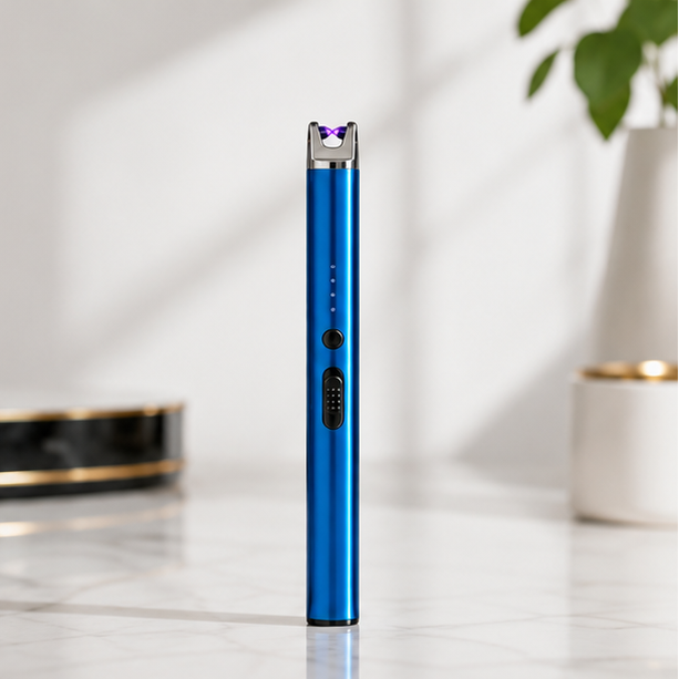 USB Rechargeable Arc Lighter in blue, slim design with flame-free ignition for easy lighting of candles.