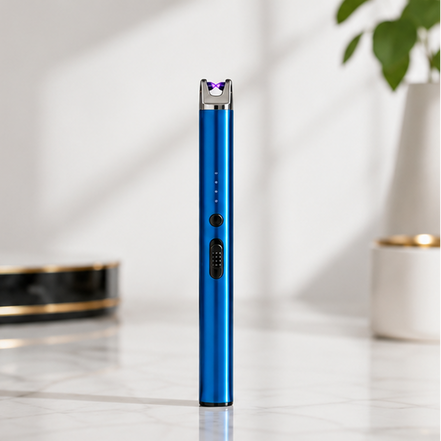 USB Rechargeable Arc Lighter in blue, slim design with flame-free ignition for easy lighting of candles.