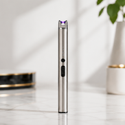 USB Rechargeable Arc Lighter in a sleek silver design, ideal for lighting candles and safe for indoor use.