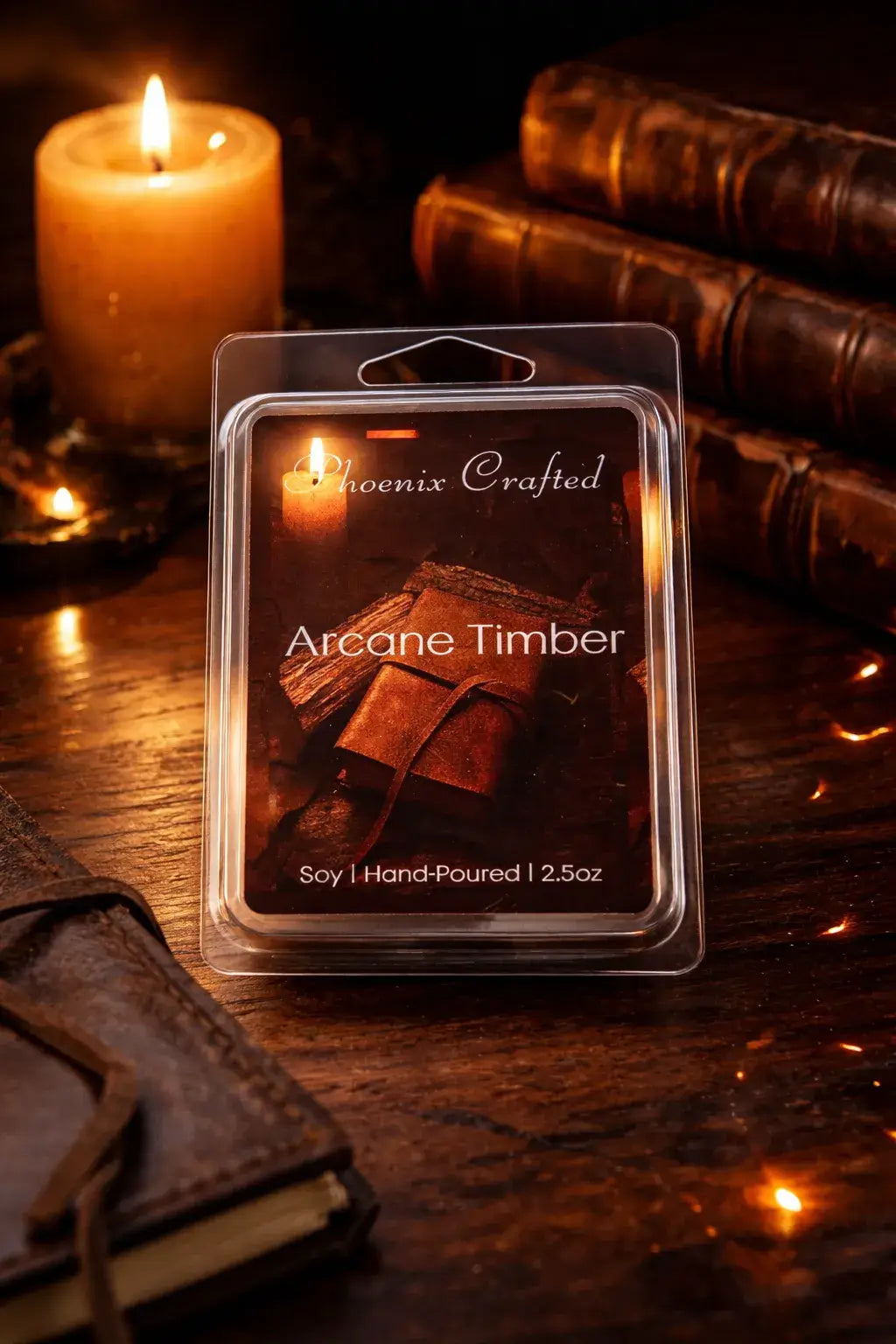 Arcane Timber Wax Melts package on a wooden surface with candlelight and rustic books.