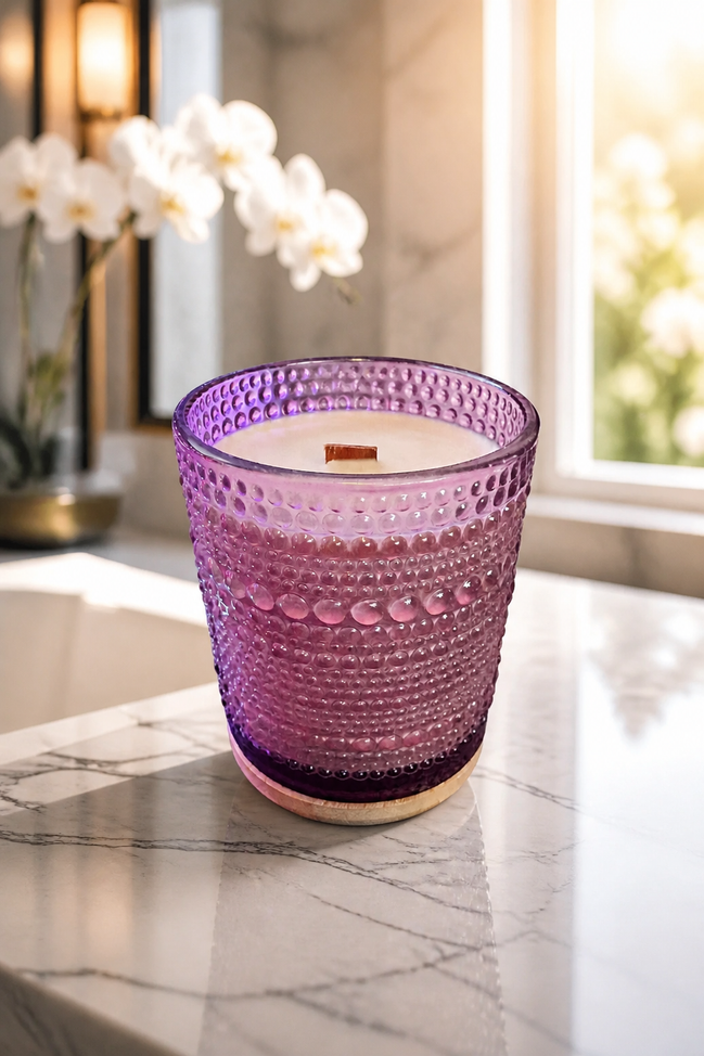 Cream wax candle with a single wooden wick in a purple hobnail glass vessel on a round wooden coaster.