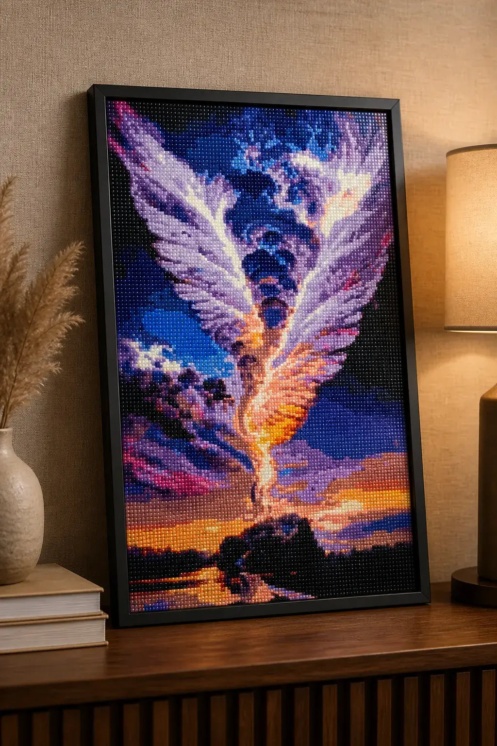 Ascendant Light finished winged diamond artwork shown in a frame mockup; artwork is sold unframed.
