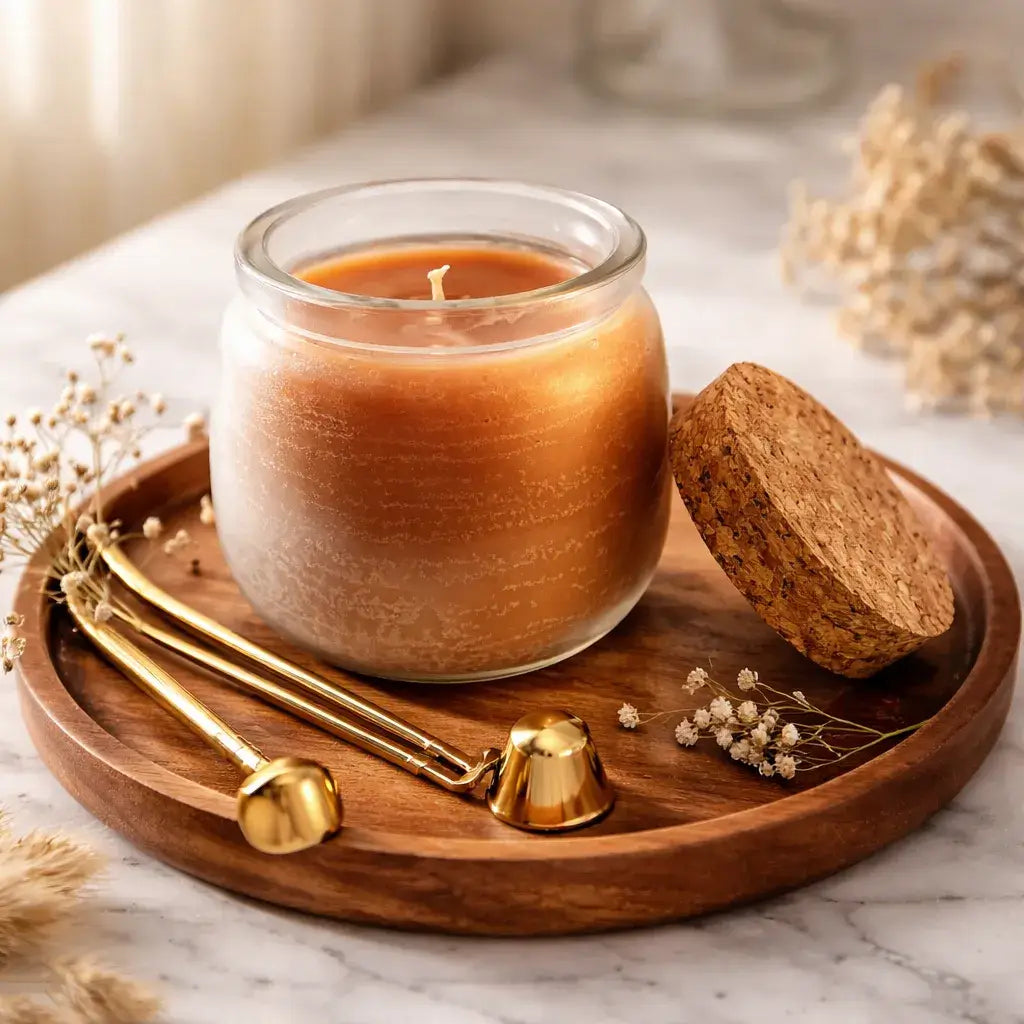 Autumn Harvest Candle in a glass jar on a wooden tray with gold candle accessories and dried flowers.