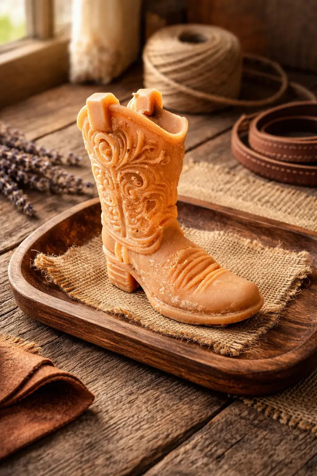 Decorative Autumn Harvest Candles in the shape of a cowboy boot on a rustic wooden tray.