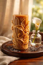 Beautiful Decorative Autumn Harvest Candles with intricate design, perfect for creating a cozy fall atmosphere.