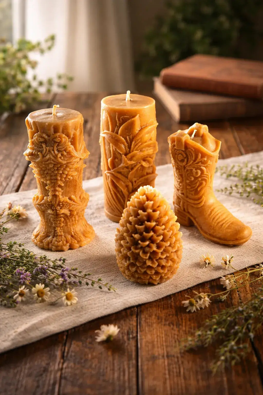 Decorative Autumn Harvest Candles in various shapes, including pinecone and cowboy boot, arranged on a table with greenery.