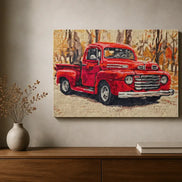 Autumn Haul finished red-truck diamond artwork shown in a wall-display mockup; artwork is sold unframed.