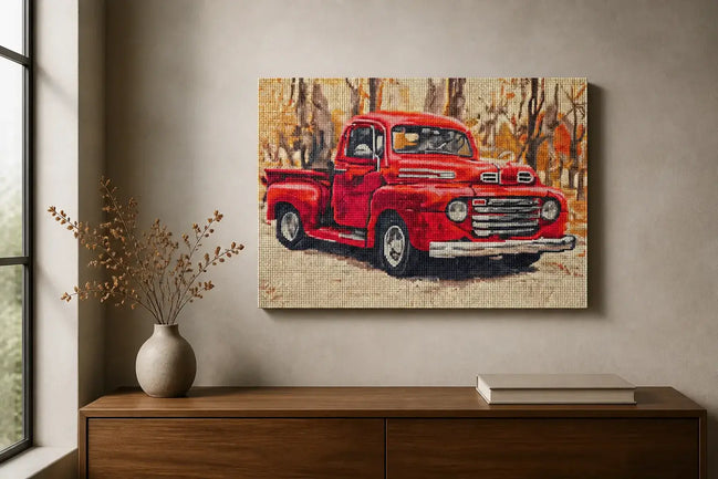 Autumn Haul finished red-truck diamond artwork shown in a wall-display mockup; artwork is sold unframed.