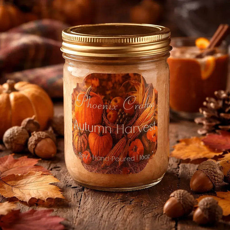 Autumn Harvest Candle in a jar with a golden lid, surrounded by autumn leaves and pumpkins.