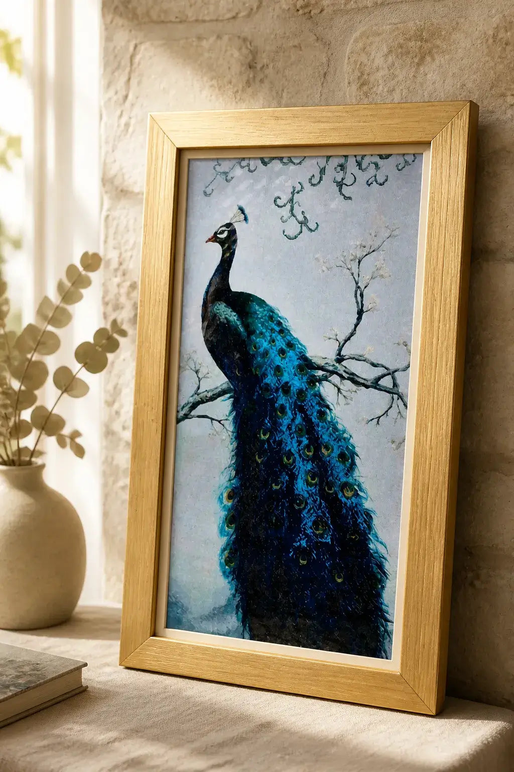 Azure Crest Peacock Diamond Painting displayed in a gold frame against a stone wall.