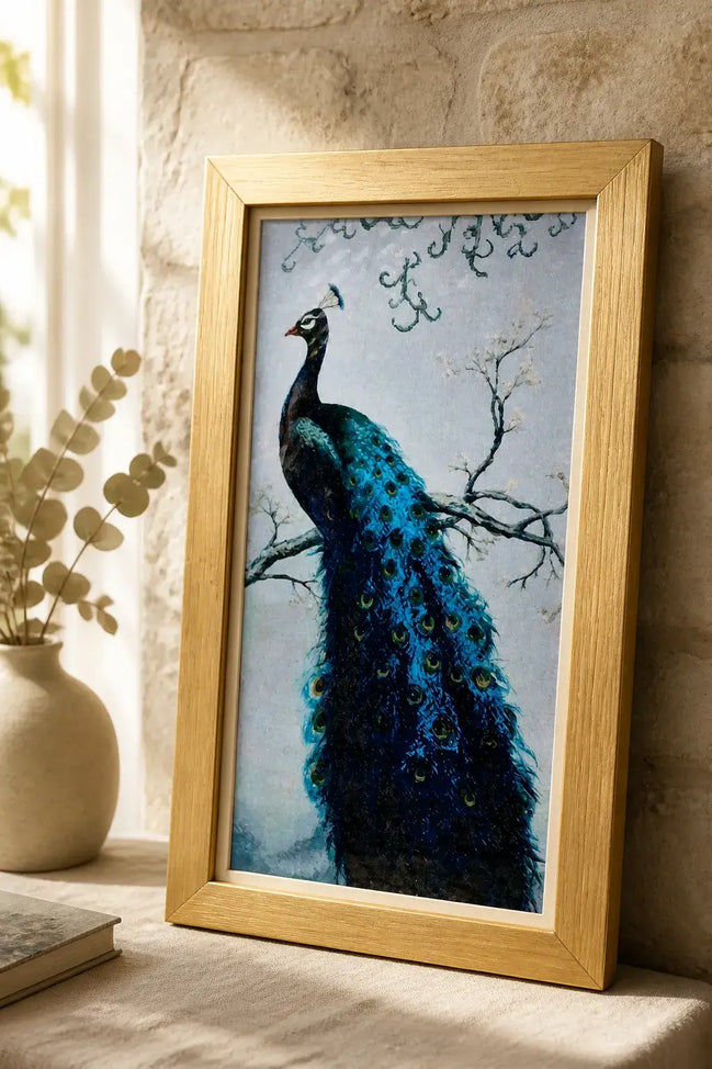 Azure Crest Peacock Diamond Painting displayed in a gold frame against a stone wall.