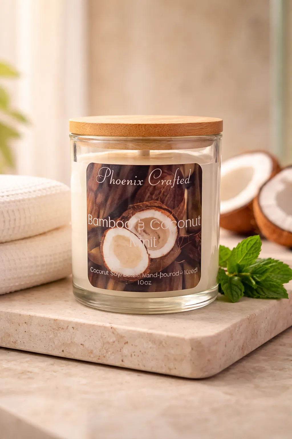 Bamboo Coconut Candle in a glass jar on a countertop with coconuts and towels, promoting fresh tropical scent.