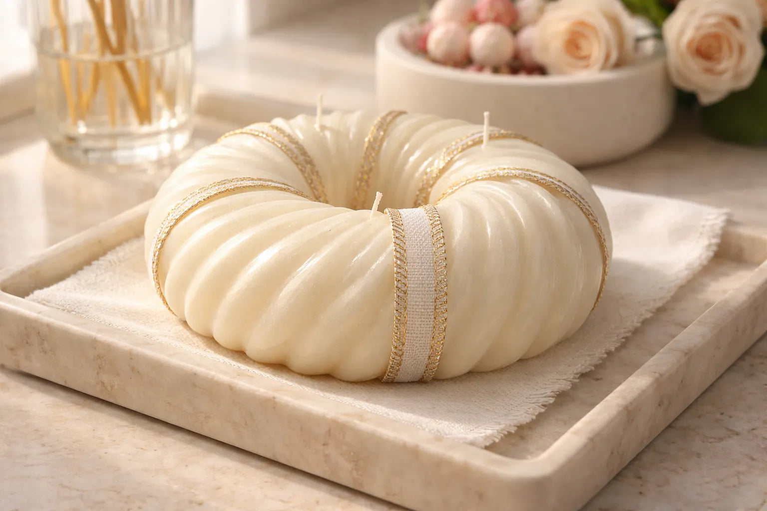 Bamboo Coconut Candle displayed on a tray with decorative elements, showcasing its elegant design and soothing aesthetic.