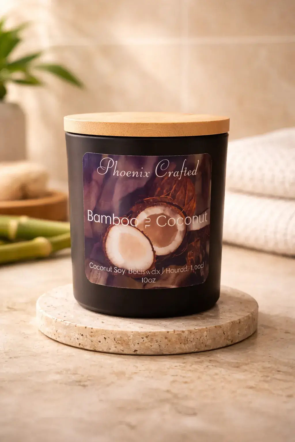 Matte black jar candle with a light wooden lid, front label reading 