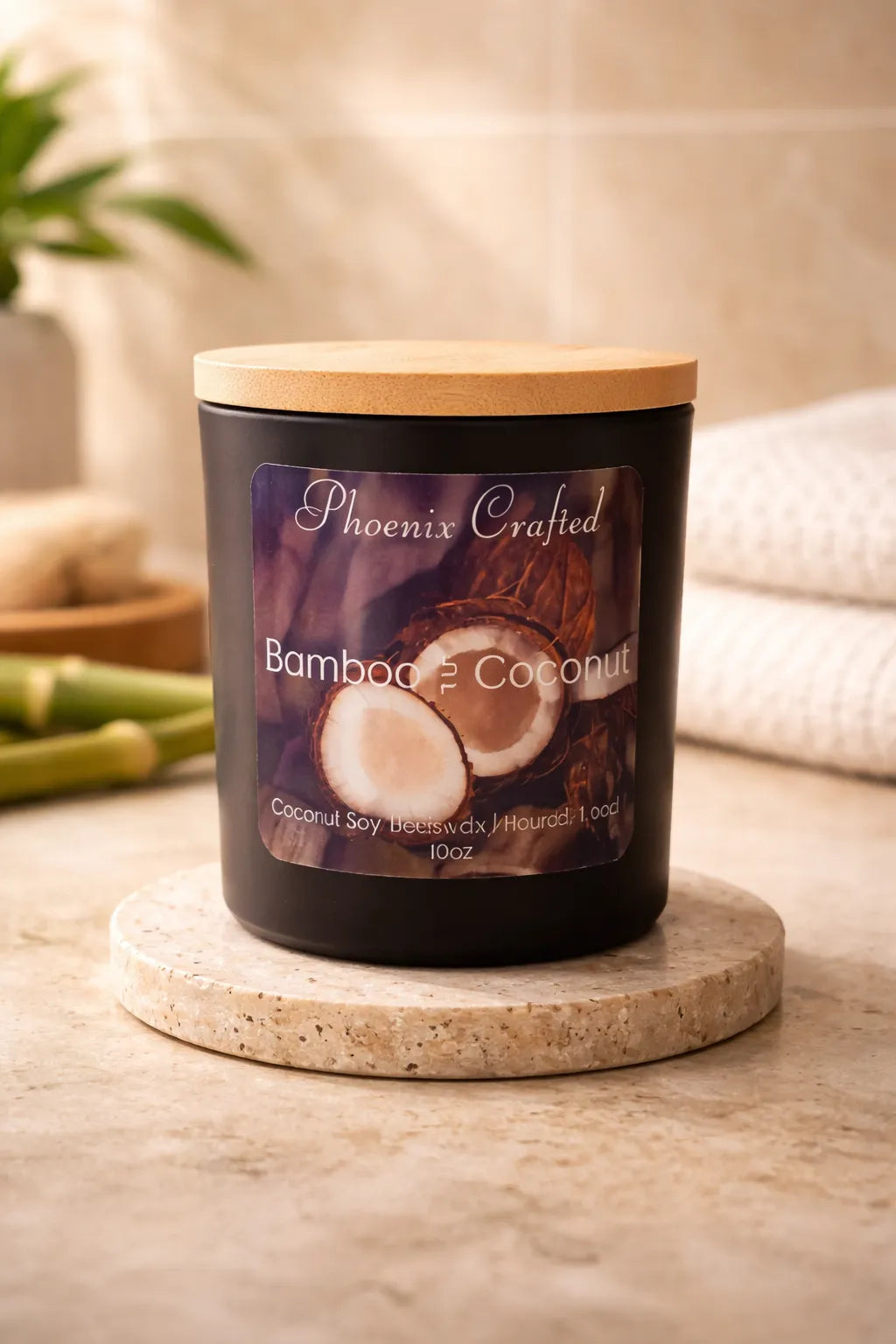 Bamboo Coconut Candle in a modern container, showcasing fresh bamboo and coconut scents for a calming ambiance.