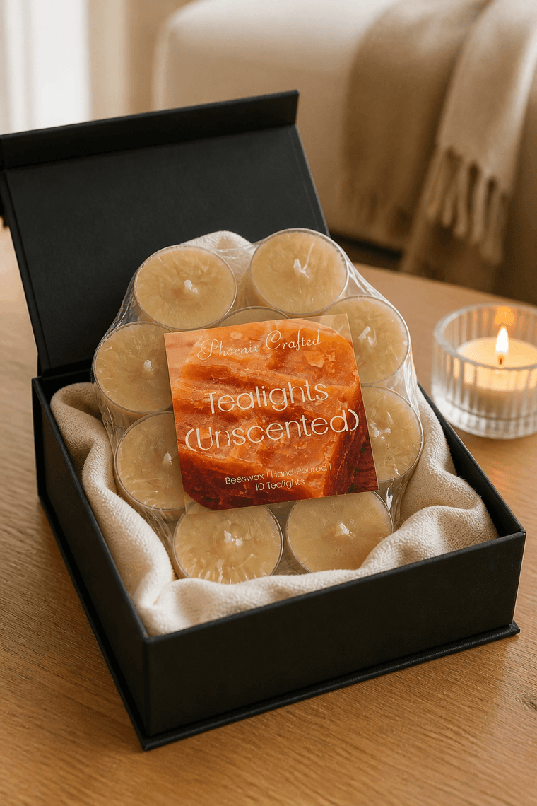 Pale beeswax tealights in clear cups, shrink-wrapped on cream cloth inside a matte black gift box on a wood table, one lit votive at right.