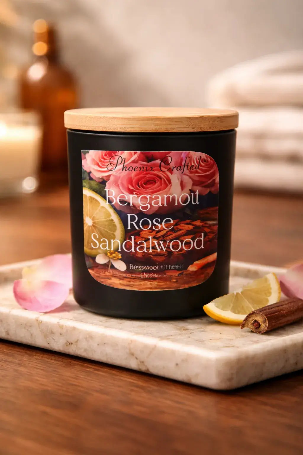 Bergamot Rose & Sandalwood Candle on a marble tray with lemon and rose petals, creating an elegant floral-wood ambiance.