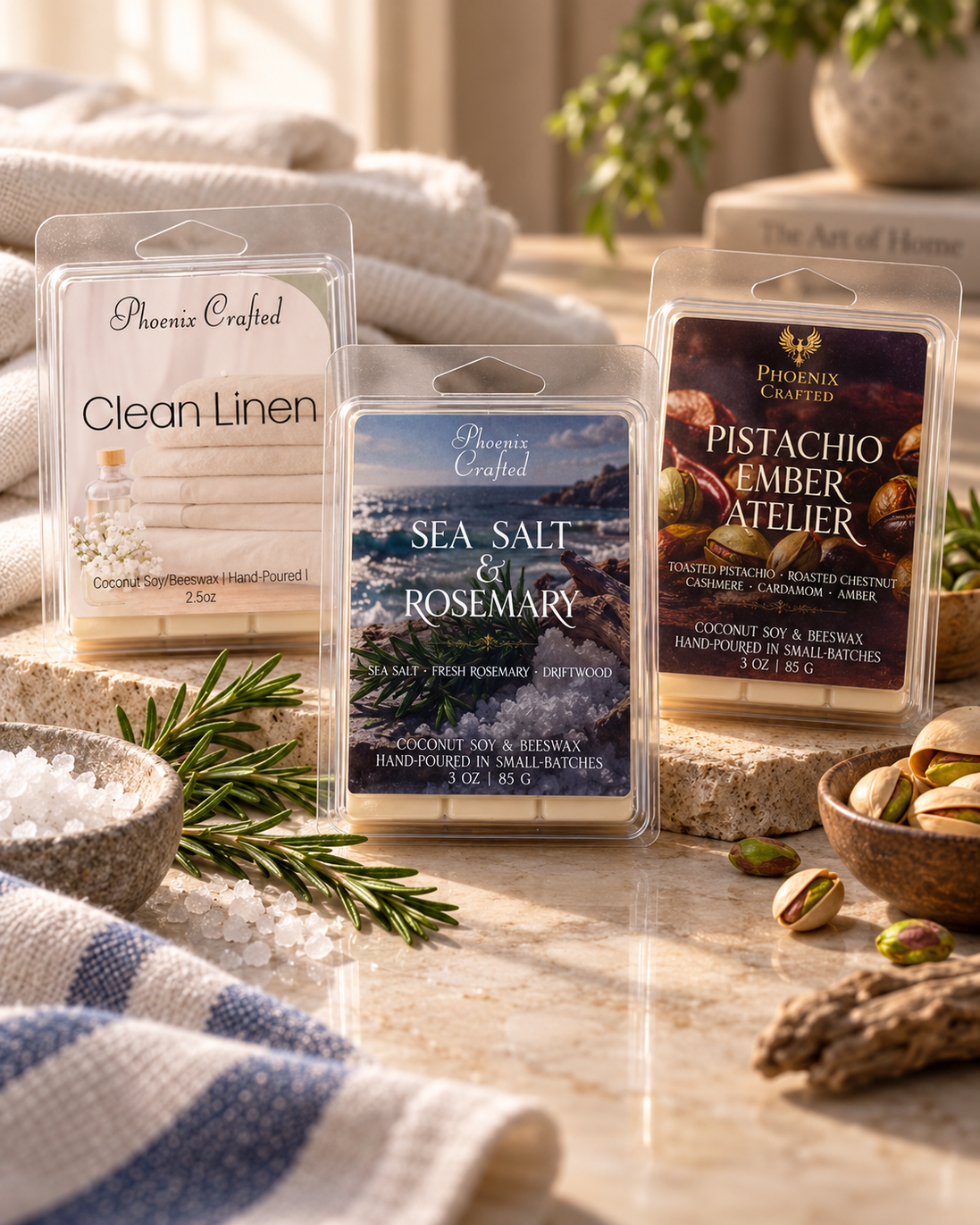 Best of Phoenix wax melt trio with Clean Linen, Sea Salt & Rosemary, and Pistachio Ember Atelier.